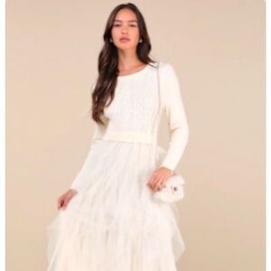 Lulus Ultimate Beauty Ivory Cable Knit Ruffled Tulle Maxi Dress